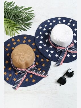 Star-Print Wide Brim Sun Hat with Ribbon Trim